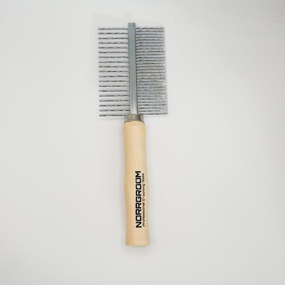 Dual-sided dog comb with fine and coarse stainless-steel teeth and wooden handle – NorrGroom grooming tool